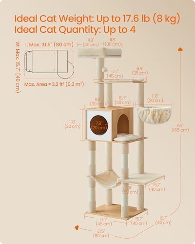 Feandrea Cat Tree, 65-Inch Tall Cat Tower, Multi-Level Condo with Cave