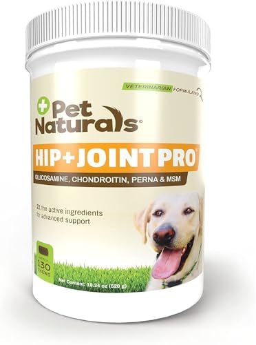 Pet Naturals Hip and Joint Pro Supplement with Glucosamine, Green-Lipped Mussel, and Chondroitin for Dogs, Duck Flavor, 130 Chews