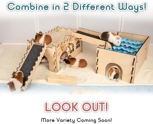SoulThink® Upgraded Large Guinea Pig Toys Hideout - Easy to Assemble Wooden Guinea Pigs Castle with Ramp and Sky Blue Bed Cushion Decorative Guinea Pig Furniture for Play Area and Cage