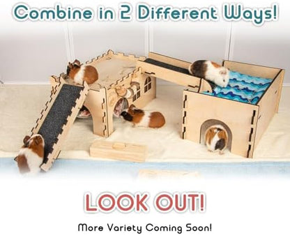 SoulThink® Upgraded Large Guinea Pig Toys Hideout - Easy to Assemble Wooden Guinea Pigs Castle with Ramp and Sky Blue Bed Cushion Decorative Guinea Pig Furniture for Play Area and Cage