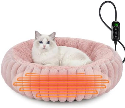 INVENHO Heated Cat Beds for Indoor Cats and Small Dogs, 20" Cozy Donut Heated Pet Bed with Timer & Temp Adjustable, Removable Waterproof Electric Warming Bed for Indoor Cat
