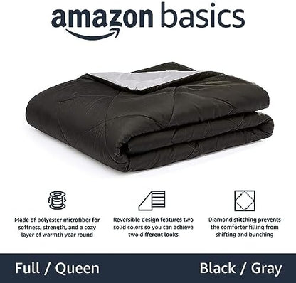 Amazon Basics Comforter Blanket, Reversible, Lightweight Microfiber, Machine Washable, All Season, Full/Queen, Black/Grey