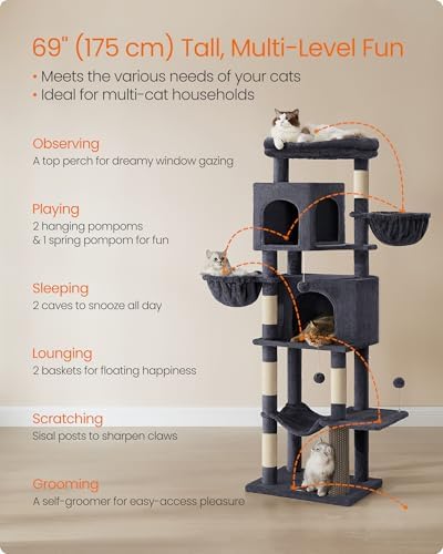Feandrea Cat Tree, 69-in Large Cat Tower, Multi-Level Condo, Dark Gray