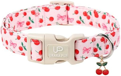 Spring Dog Collar, UP URARA PUP Strawberry Collars in Pink Checkered Adjustable Pet Collar with Quick Release, Daily Dog Accessories for Small Medium Large Dogs