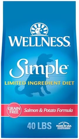 Wellness Simple Limited Ingredient Adult Dry Dog Food, Grain Free Kibble, Sensitive Stomach, Skin & Coat Support, Natural, Chicken Free, Salmon and Potato Recipe, 40 lb Bag
