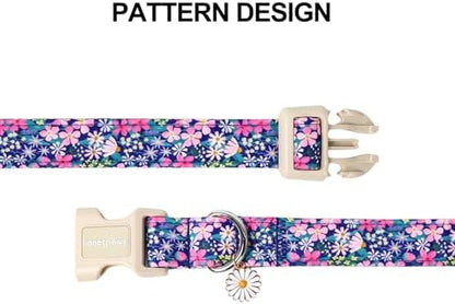 Lionet Paws Floral Dog Collar- Cute Spring Wildflowers Daisy Fleabane Dog Collars with Plastic Buckle, Light Adjustable Dog Collars for Medium Dogs