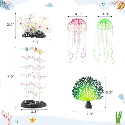 Lpraer 5 Packs Glow Aquarium Decorations Branch Coral Tree Glowing Jellyfish Simulation Glow Plant Glowing Effect Silicone for Fish Tank Decorations