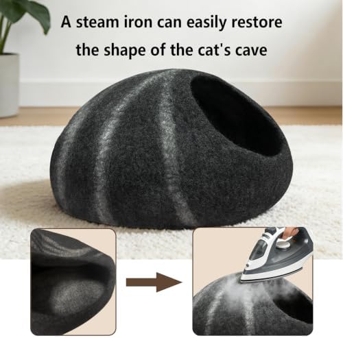 Felted Wool Cat Cave Merino Wool Cat Bed for Indoor Round Cave (Black)