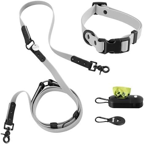 Medium Luna 8FT Adjustable 6-in-1 Waterproof Hands-Free Leash and Collar Set with LED Flashlight, Waste Bag Dispenser, and Poop Bag Holder, Gray Black, Martini WLK1005N-5SET