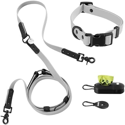 Medium Luna 8FT Adjustable 6-in-1 Waterproof Hands-Free Leash and Collar Set with LED Flashlight, Waste Bag Dispenser, and Poop Bag Holder, Gray Black, Martini WLK1005N-5SET