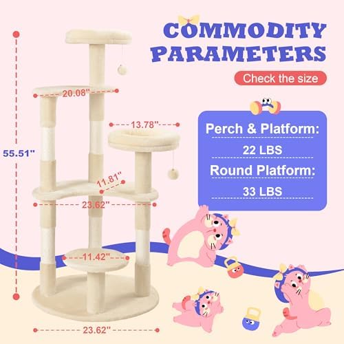 Allewie 55.5 in Cat Tree for Indoor Kitties/Soft Plush Perches/Multi-Level Cat Tower/Sisal Scratching Posts/Crescent Plates/Round Jumping Board/Hanging Ball/Pet Activity Center/Beige