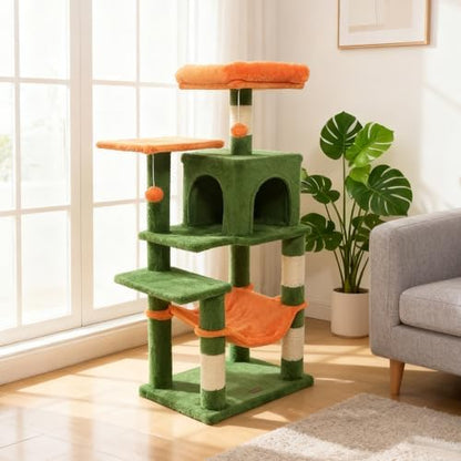 DORTALA Cat Tree for Indoor Cats, 44" Modern Cat Tower with Top Perch, Condo, Hammock, Sisal Scratching Posts, Dangling Balls, Platforms, Multi-level Pet Climbing Furniture Playground (Green & Orange)