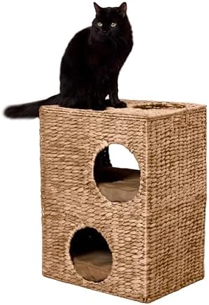 CHS1000A Jaxon 18" Modern Classic 2-Tier Handwoven Hyacinth Rectangular 5-Hole Cat Condo with 2 Machine-Washable Cushions, Natural