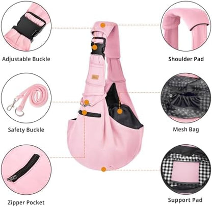 CUBY Adjustable Dog Cat Sling Carrier with Padded Hard Bottom Pet Carrier Sling Soft Carrying Puppy Bag for Small Dogs Cats Outdoor Travel(Pink Senior)
