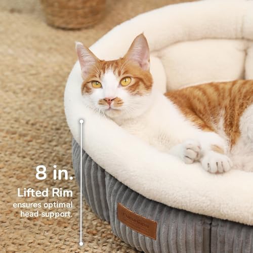 FUKUMARU Corduroy Round Cat Dog Bed, Anti-Anxiety & Washable