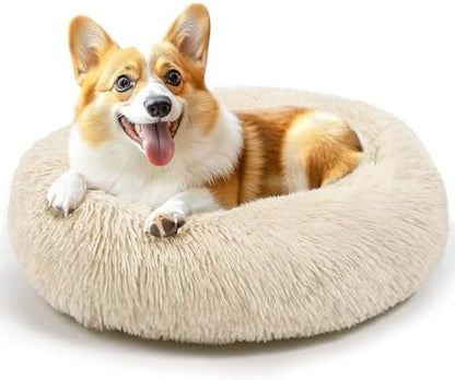 28in Large Dog Bed, Calming Donut Bed for Puppy and Kitten (Light Brown)