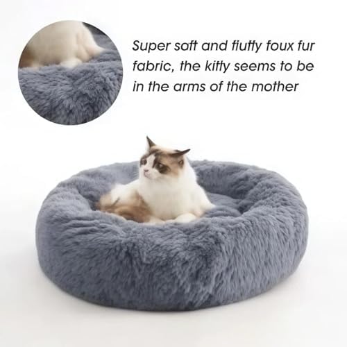 SALAN Calming Dog Bed for Small Dogs & Indoor Cats, 20 Inch Donut Pet Bed, Washable Round Fluffy Plush Faux Fur Cushion with Raised Rim & Anti-Slip Bottom, Soft Cozy Bed Fits Pets Up to 25 lbs (Khaki)