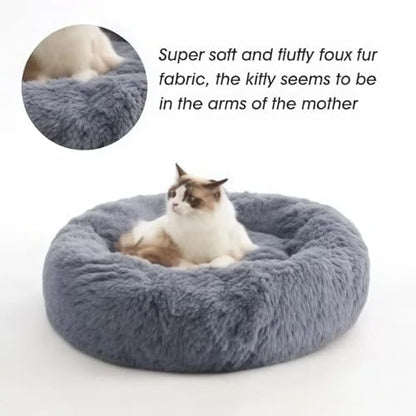 SALAN Calming Dog Bed for Small Dogs & Indoor Cats, 20 Inch Donut Pet Bed, Washable Round Fluffy Plush Faux Fur Cushion with Raised Rim & Anti-Slip Bottom, Soft Cozy Bed Fits Pets Up to 25 lbs (Khaki)