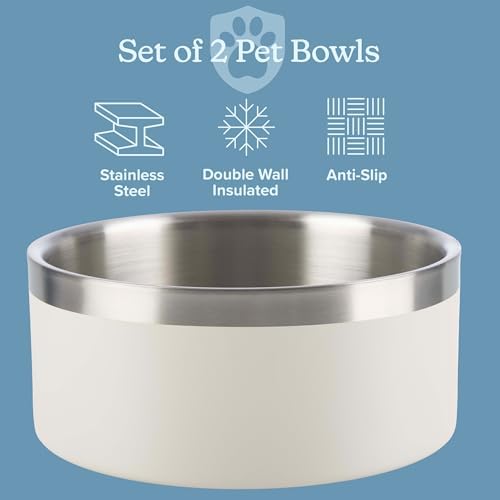 Set of 2 Stainless Steel Dog Bowls - 64oz/8 Cups Double Wall Insulated Food and Water Bowls for Dogs and Cats, Non Slip Metal Pet Dishes for Medium-Large Pets, Puppy Essentials by PETMAKER (Cream)