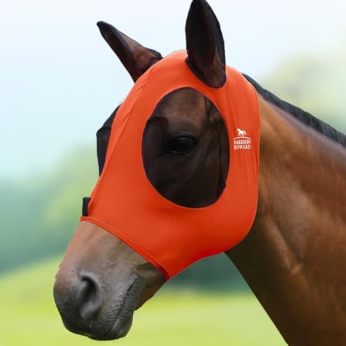 Harrison Howard Super Comfort Stretchy Fly Mask Large Eye Space with UV Protection Soft on Skin with Breathability Vibrant Orange Cob (Medium)