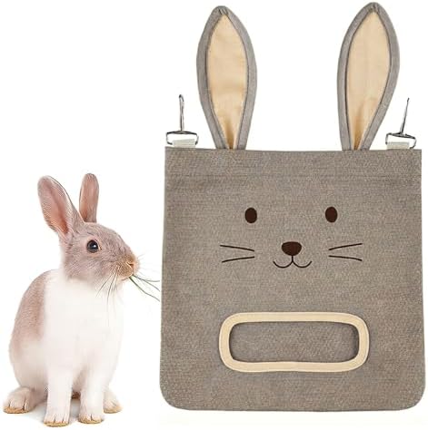 Rabbit Hay Feeder Bag - Hanging Rabbit Hay Feeder for Rabbits, Guinea Pigs and Chinchillas, Moss and Alfalfa Hay（Gray）