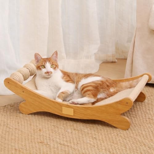 Cat Scratcher Bed Bone Shape Wooden Cat Sofa Bed with Ball Toy Indoor Cat Scratching Lounge Bed Durable Pet Recliner for Cats