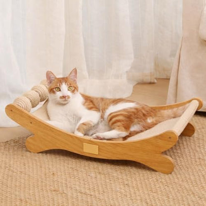 Cat Scratcher Bed Bone Shape Wooden Cat Sofa Bed with Ball Toy Indoor Cat Scratching Lounge Bed Durable Pet Recliner for Cats