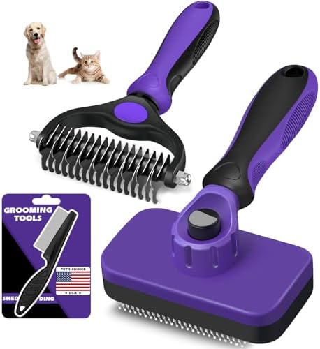 Professional 3PCS Self Cleaning Slicker Brush & Pet Grooming Rake & Flea Comb for Dogs,Cats and Horses | Double-Sided Dematting Comb & Skin Friendly Deshedding Grooming Tool | Pet Supplies (Purple)
