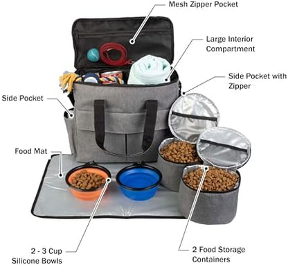 Dog Travel Bag - Cat and Dog Storage Organizer with Pockets, Mat, 2 Food Containers, and 2 Large Collapsible Travel Pet Bowls by PETMAKER (Gray)