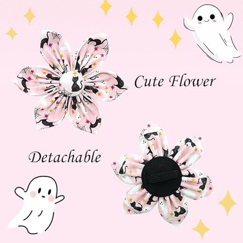 Dog Collar Halloween Fall Cat Ghost Print Pet Collar Soft Cute Dog Collars with Flower Adjustable Metal Buckle Collar for X-Large Dogs