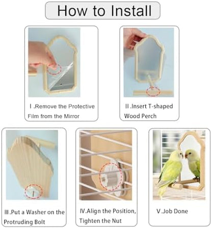 Bird Mirror with Wooden Perch for Parakeet, 21cm Bird Toy for Cage