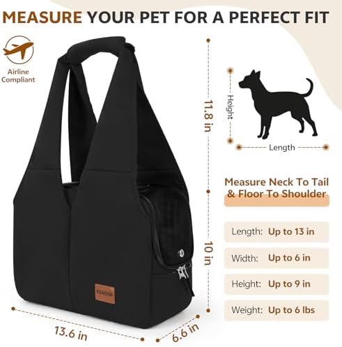 Dog Purse Carrier for Small Dogs and Cats, Soft-Sided Pet Tote Bag with 6 Large Pockets, Collapsible Travel Puppy Carrier with Small Cushion, Fits Pets up to 6 lbs (Black, 13.6" L x 6.6" W x 10" H)