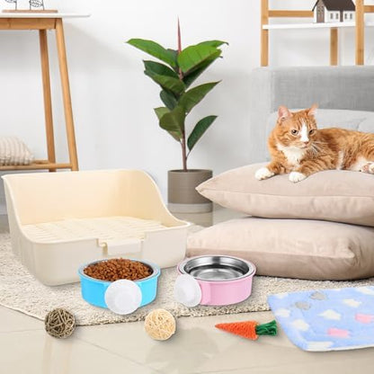 Reallnaive 15 Pcs Rabbit Starter Kit Small Rabbit Litter Box Girls Gift Animal Grooming Kit Bunny Toys Bowl Blankets with Cleaning Set for Guinea Pig Accessories(Green)