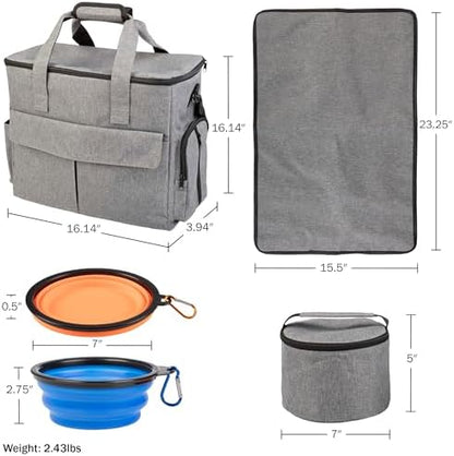 Dog Travel Bag - Cat and Dog Storage Organizer with Pockets, Mat, 2 Food Containers, and 2 Large Collapsible Travel Pet Bowls by PETMAKER (Gray)