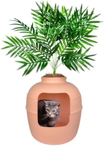 Good Pet Stuff Original Hidden Litter Box Planter, Decorative Cat Litter Enclosure, Carbon Filter, Faux Plant, Round Design, Easy to Clean, Base Kit, Palm Plant, Blush Coral