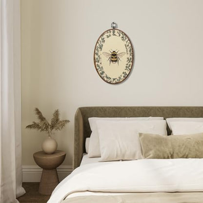 Vintage Bee Oval Framed Wall Art, Cottagecore Floral Canvas Art Wall Decor，Rustic Garden Botanical Bathroom Hanging Decor Painting Artwork for Home Bedroom Living Room Office Bedroom 8.3x12inch
