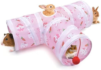 Bissap Rabbit Tunnel, 9.8'' Collapsible Bunny Tunnel and Tube 3 Ways Pet Hideout with 1 Play Ball for Indoor Kittens Dwarf Rabbits Bunnies Guinea Pigs Chinchillas Small Animal Activity Fun Toys (Pink)