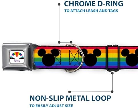 Disney Pet Collar, Dog Collar Metal Seatbelt Buckle, Mickey Mouse Ears Icon Rainbow Pride Flag, 15 to 24 Inches 1.0 Inch Wide