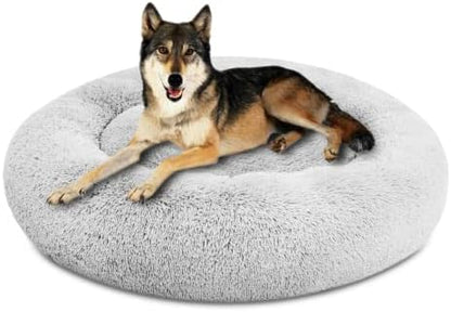 SAVFOX 45 inches Calming Donut Dog Bed - 3X Durable Plush Faux Fur, Machine Washable & Non-Slip, Fits up to 150 lbs, Light Grey