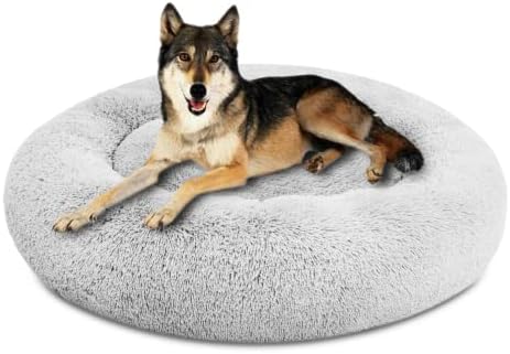 SAVFOX 45 inches Calming Donut Dog Bed - 3X Durable Plush Faux Fur, Machine Washable & Non-Slip, Fits up to 150 lbs, Light Grey