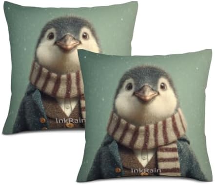 InkRain Winter Animal Cute Penguin Pillow Cover 24x24 Inch Set of 2 Home Decor Decorative Cotton Linen Illustration Pillowcases for Living Room House Sofa