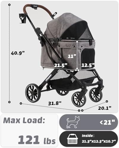 797Audio Dog Stroller for Small Medium Dogs, Pet Stroller for Cats Puppy Up to 121lbs,Foldable,One Click Folding,4 Wheel Shock Absorption,Adjustable Canopy with Sun Shades,Removable Washable Pad(Grey)