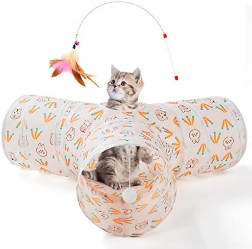 Tempcore Cat Tunnel, 3-Way Collapsible Toy for Indoor Cats, Pink Rabbit