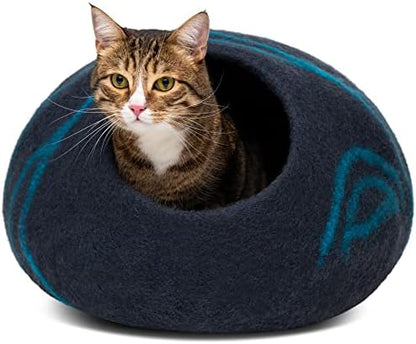 MEOWFIA Cat Cave - Merino Wool Bed for Indoor Cats (Back Aqua, Medium)