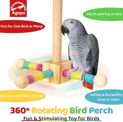 Agape 360° Rotating Bird Perch Stand, Wooden Parrot Exercise Toy