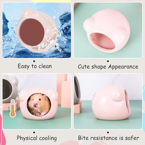 Ceramic Hamster House, Cute Animal Shaped Hamster Cave, Summer Cool Small Animal Hideout Habitat Decor for Dwarf Hamsters (Pink)