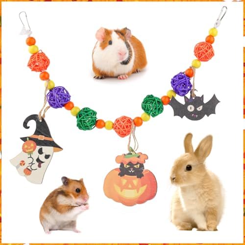 Abizoo Halloween Guinea Pig Bunny Toys Hanging, Natural Wood for Rabbits Teeth Grinding Chinchilla Dwarf Hamster Rat Gerbi Rabbit Chew Toys Treats Small Animals Enrichment Boredom for Cage