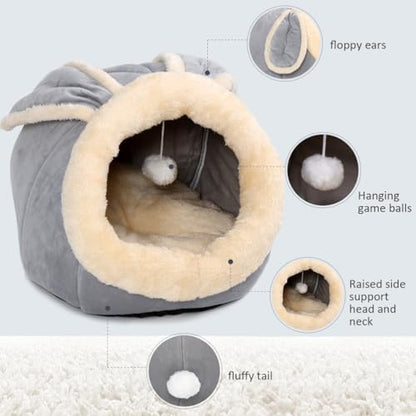 Cat Beds for Indoor Cats-Rabbit-Shaped Cat Cave Bed with Hanging Toy,Grey L