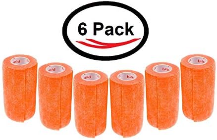 3 Inch Vet Wrap Tape Bulk (Orange) (Pack of 6) Self Adhesive Adherent Adhering Flex Bandage Grip Roll for Dog Cat Pet Horse