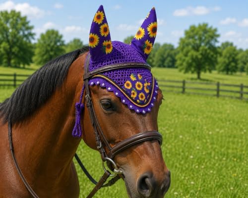 Horse Ear Bonnet for Horses, Sunflower Print Fly Bonnet with Crystal Edge, Handmade Crochet Fly Veil, Breathable Stretch Ears (Purple- Sunflower, Extra - Full)